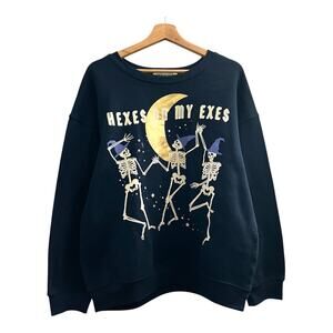 Wound Up Hexes On My Exes Skeleton Halloween Sweatshirt Navy Blue Moon XL 15-17